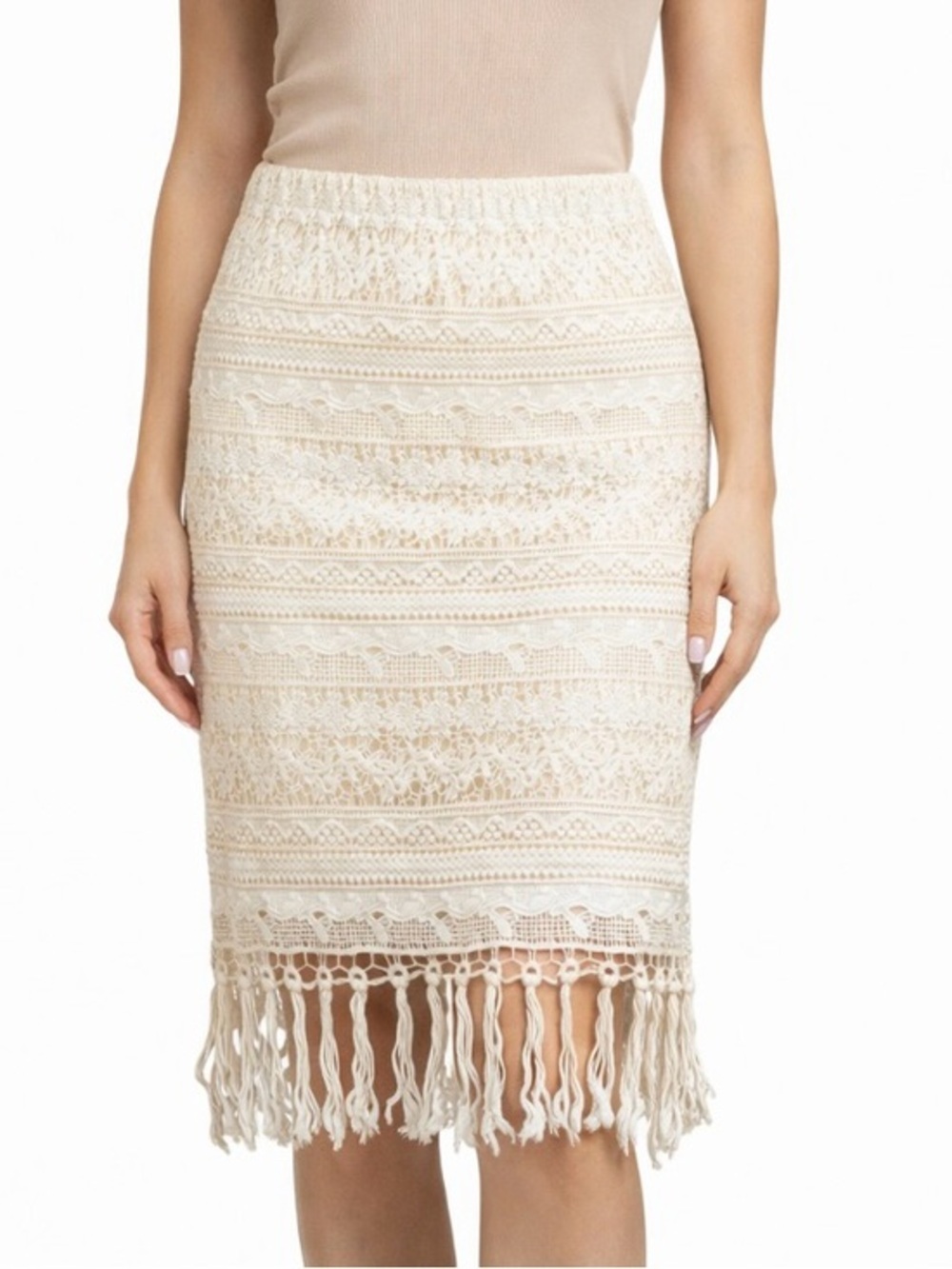 Chico’s Crochet Fringe Skirt Size 2 Large Cream Boho Pencil Lined